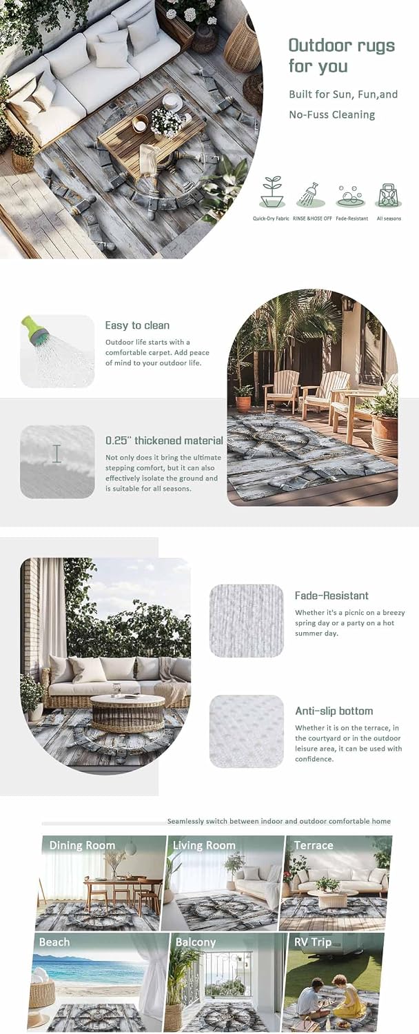 Outdoor Rug 4x6ft Rustic Retro Wood Plank Patio Area Rugs Waterproof Easy Cleaning Non Shedding Thick Mats Carpet for Indoor Outdoor Porch Deck Backyard Balcony