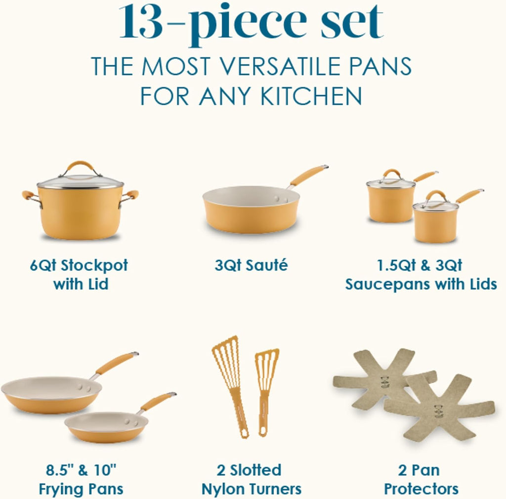 Rachael Ray Cucina Ceramic Nonstick Cookware Pots and Pans Set, 13-Piece, Tumeric Yellow