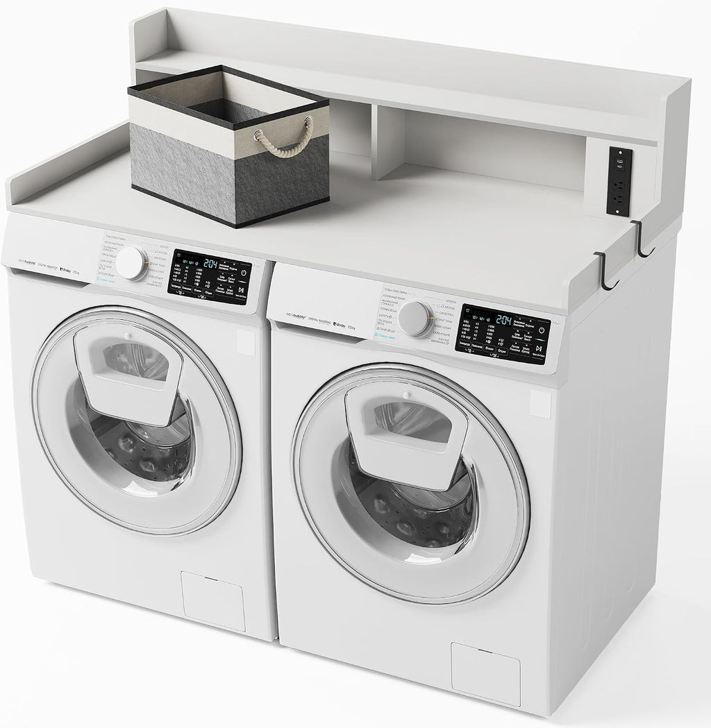 Upgraded 2-Tier Washer and Dryer Countertop with Power Outlet,54' W x 27.6' D Large Laundry Countertop for Fold Clothes, Laundry Topper with Non-Slip Pads & Metal Hooks and Storage Basket