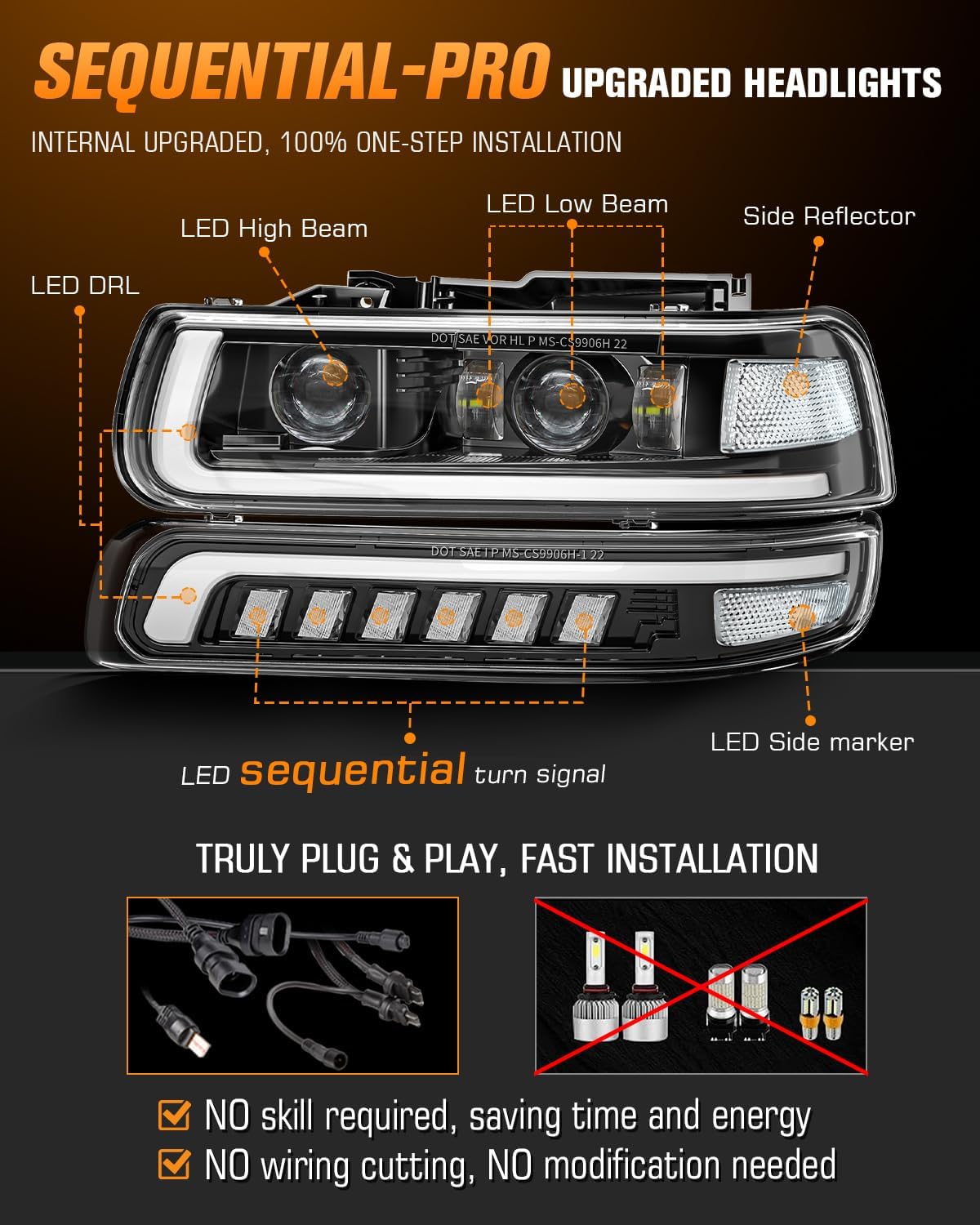 RAMJET4X4 LED Headlights Assembly Headlamps Replacement Compatible with 1999-2002 Chevy Silverado 2000-2006 Chevy Suburban 00-06 Tahoe DRL Turn Signal Hi/Low Beam with Bulbs (NOT FIT for GMC)