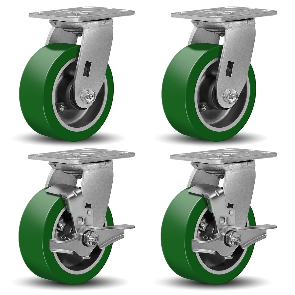 5'X2' Caster Wheels, Heavy Duty Casters Set of 4, Aluminum Core Thickened Polyurethane Industrial Casters for Toolbox Workbench,2 Swivel & 2 Brake, 4000 Lbs Total Capacity