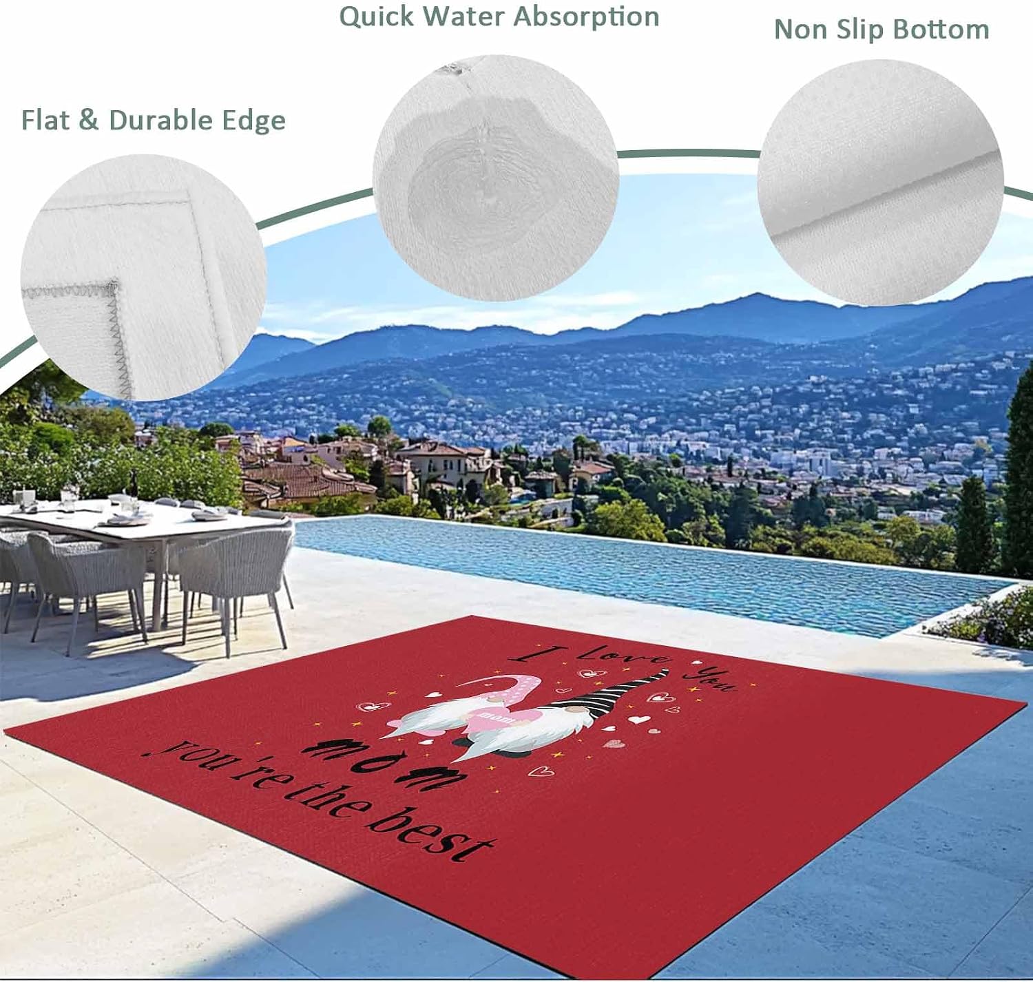 Outdoor Rug 4x6ft Happy Mother's Day Cute Gnomes with Hearts Patio Area Rugs Waterproof Easy Cleaning Non Shedding Thick Mats Red Carpet for Indoor Outdoor Porch Deck Backyard Balcony
