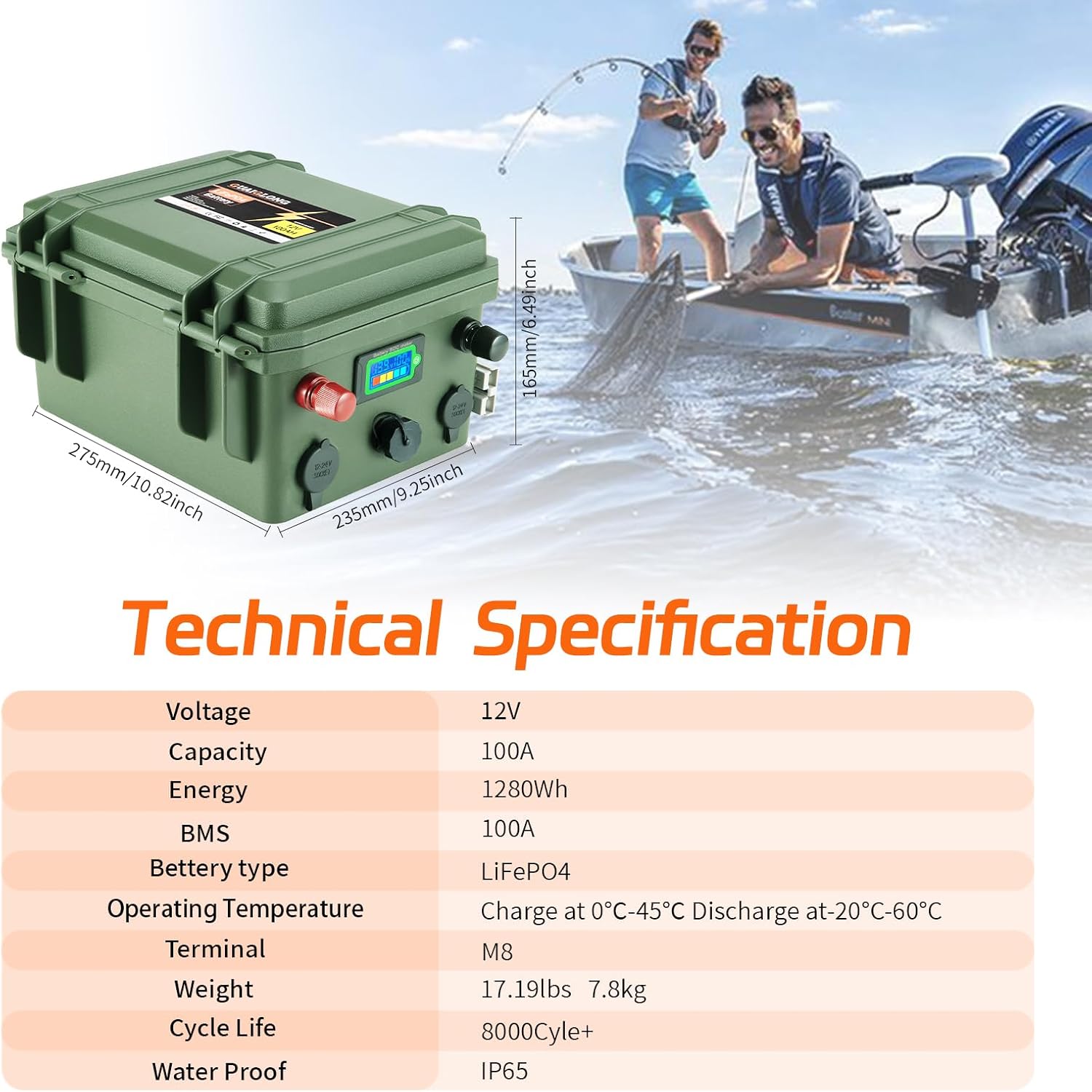 12V 100Ah LiFePO4 Battery,Built-in 100A BMS 1280Wh,8000+ Deep Cycle Marine Battery,Lithium Batteries 12V for Trolling Motor,Solar,RV and Off Grid Applications