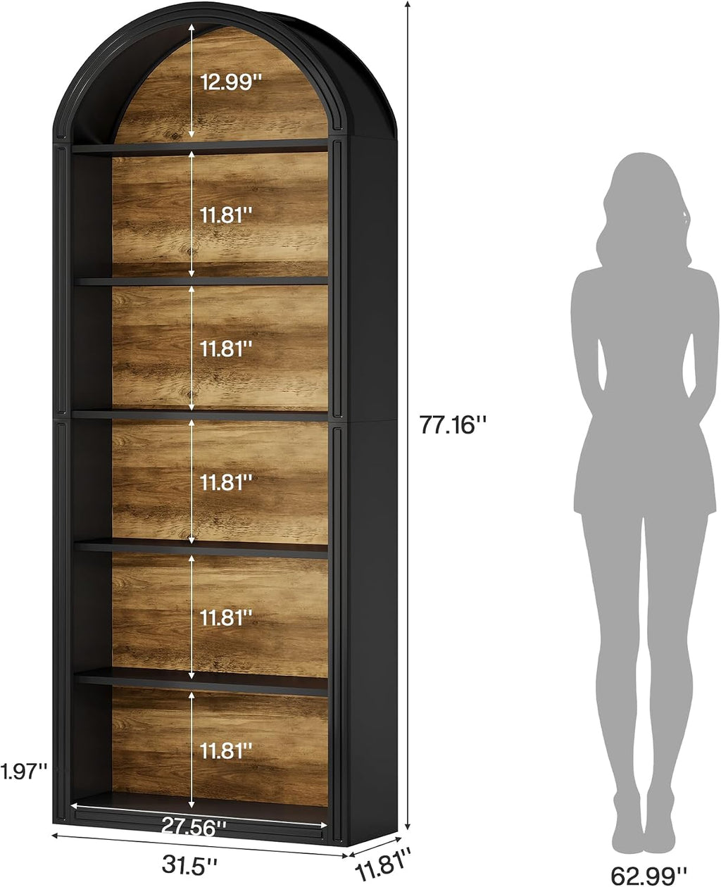 Tribesigns 6-Tier Black Arched Bookshelf, 77.16' Tall Arched Bookcase with Storage Shelves, Floor Standing Open Display Shelving Unit for Living Room, Bedroom, Home Office