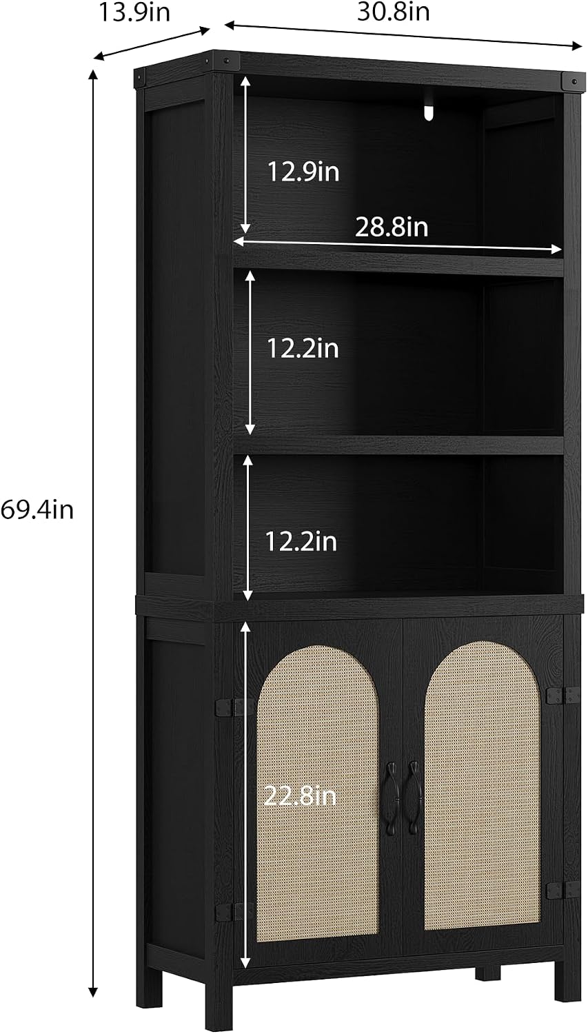 GarveeHome Bookshelf and Bookcase with Doors, 5 Tier Double Wide Large Bookshelves, Open Display Shelves, 70'' Tall Bookshelf with Storage Cabinets for Home Office, Living Room, Library, Black