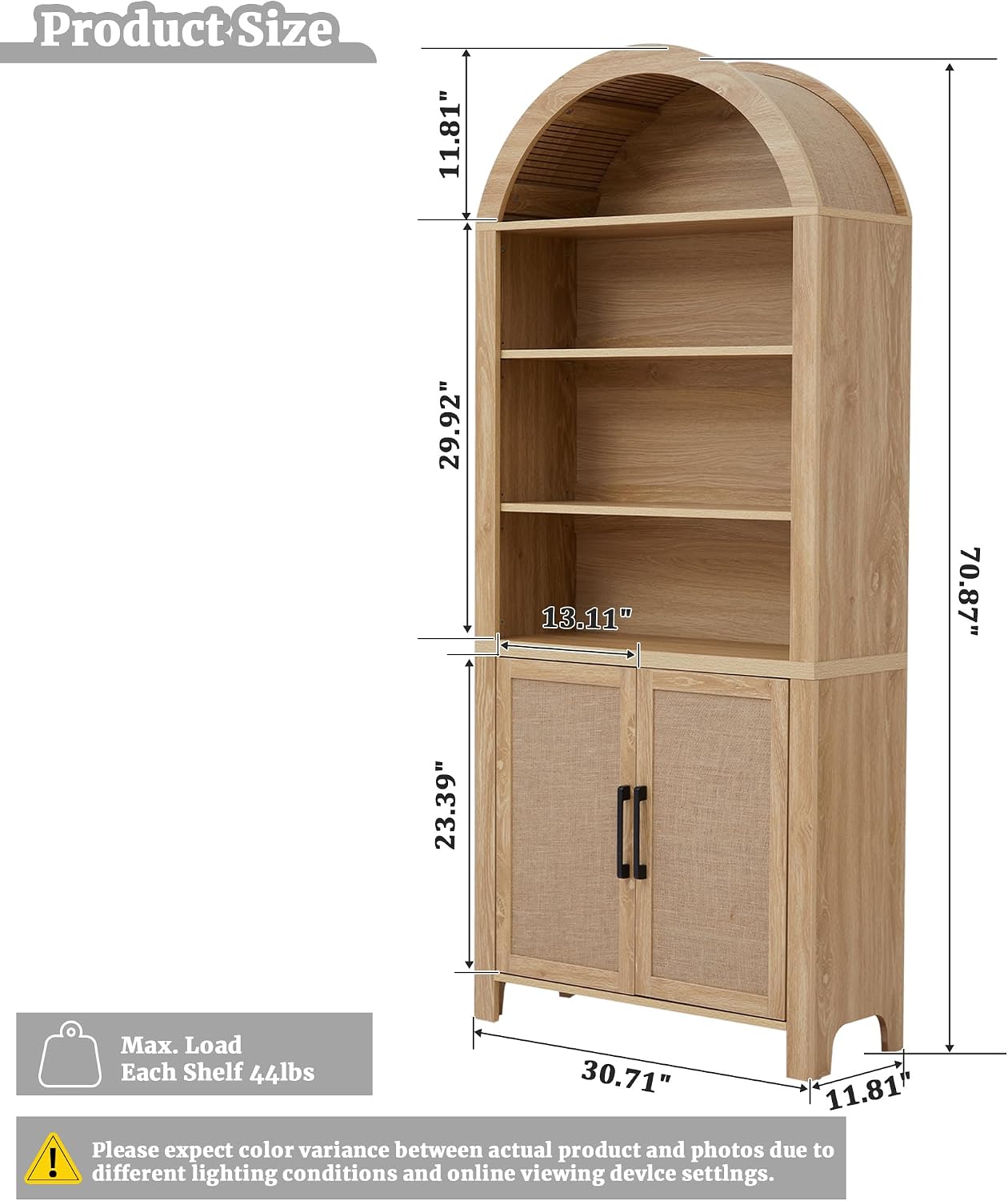 Janmer Home 71' Tall Arched Bookcase with Storage, Mid-Century Modern 6-Tier Curved Cabinet with Door, Arched Bookshelf Cabinet with Open Display Storage Shelf for Office Living Room (Natural)