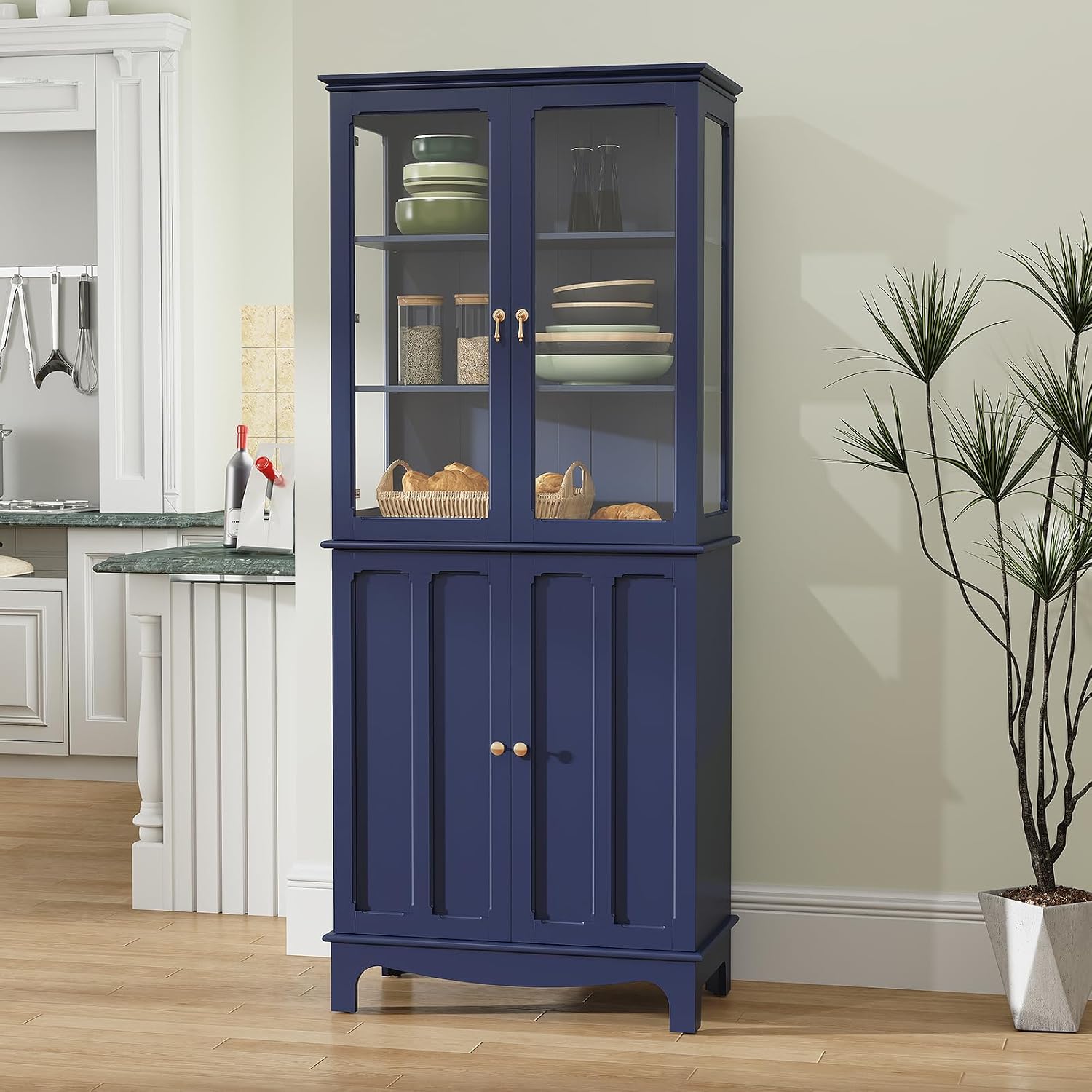 ARTPOWER 72' Freestanding Kitchen Pantry Storage Sideboard, Classical Tall Cabinet with Glass Door and Adjustable Shelves for Kitchen, Livingroom and Dining Room, Navy Blue