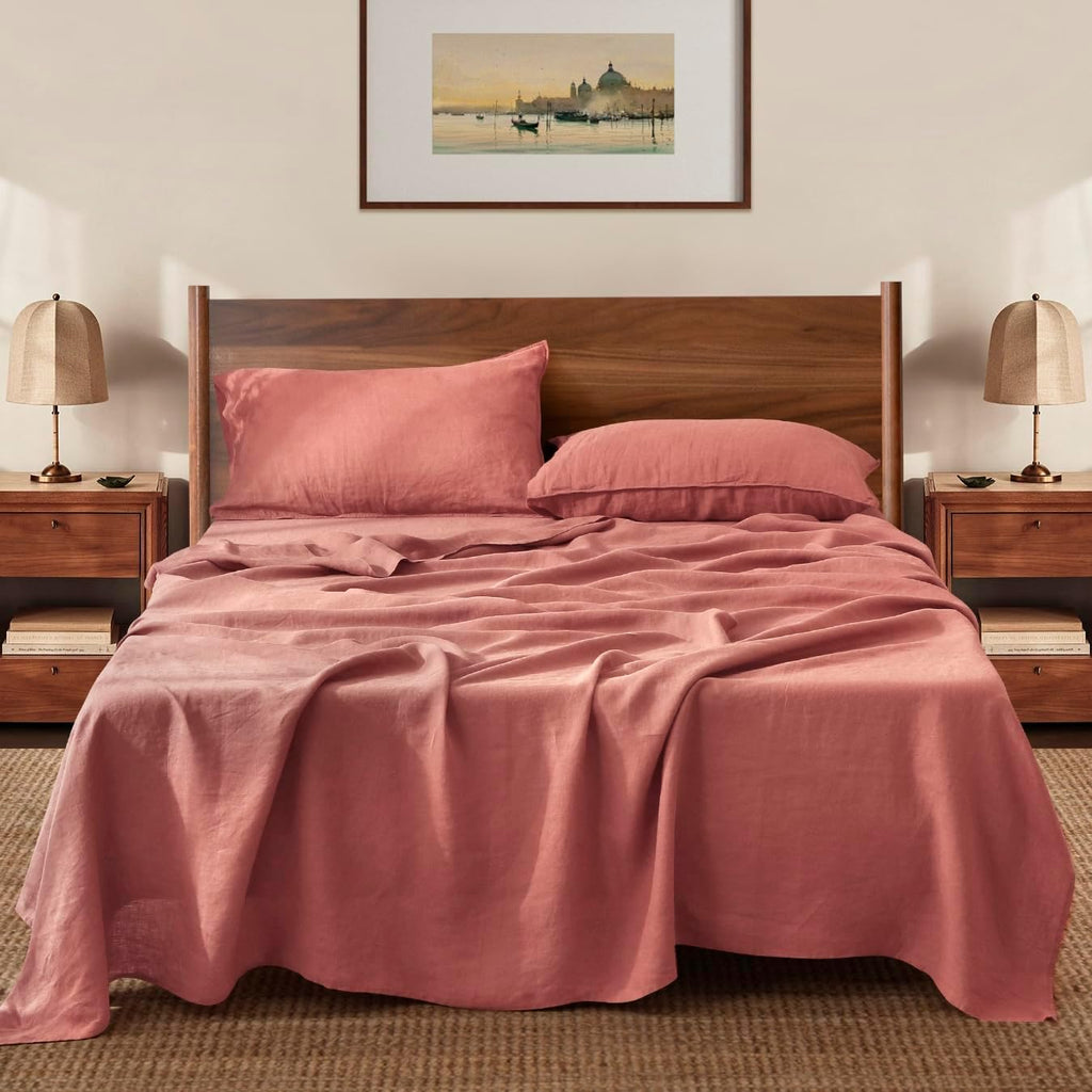 S VICTORY SYMBOL 100% Organic Linen Sheets Set Queen Size,Washed French Flax Bed Sheets 4Pcs(2 Pillowcases,1 Fitted Sheet,1 Flat Sheet) Clay