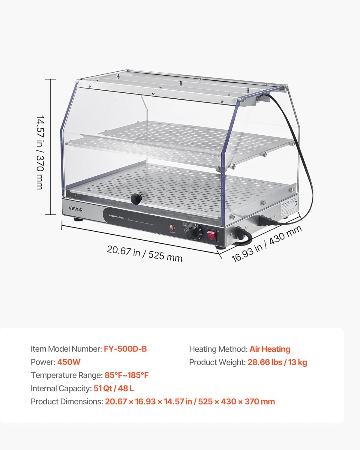 VEVOR 2-Tier Commercial Food Warmer Display, 450W Food Display Warmer with Light, Detachable Shelves and Double-Sided Door Design, 85℉~185℉ Air Heating, 48L for Hamburger, Pizza, Bread, Fried Chicken