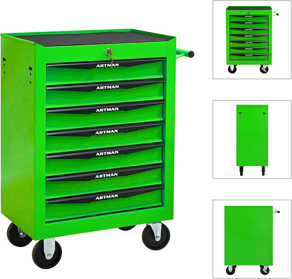 Rolling Metal Tool Chest with 7 Drawers – 20' Steel Tool Storage Box Organizer with Ball Bearing Slides & Lockable Mobile Cabinet on Wheels(Green)