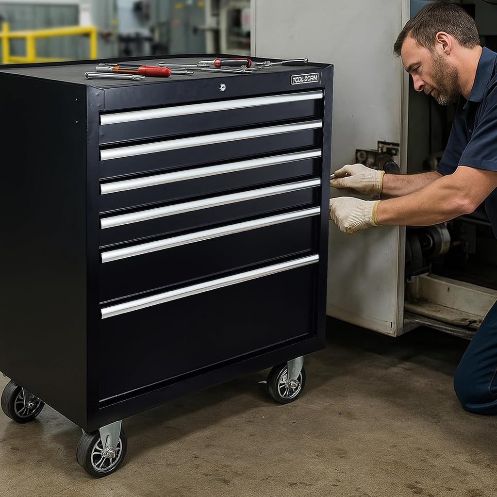 Tool Chest, 6 Drawers Rolling Tool Cabinet, Lockable Wheels, Ball Bearing Sliders, Black Powder Coating, Metal Tool Storage Cart, Suitable for Garage, Warehouse, Workshop