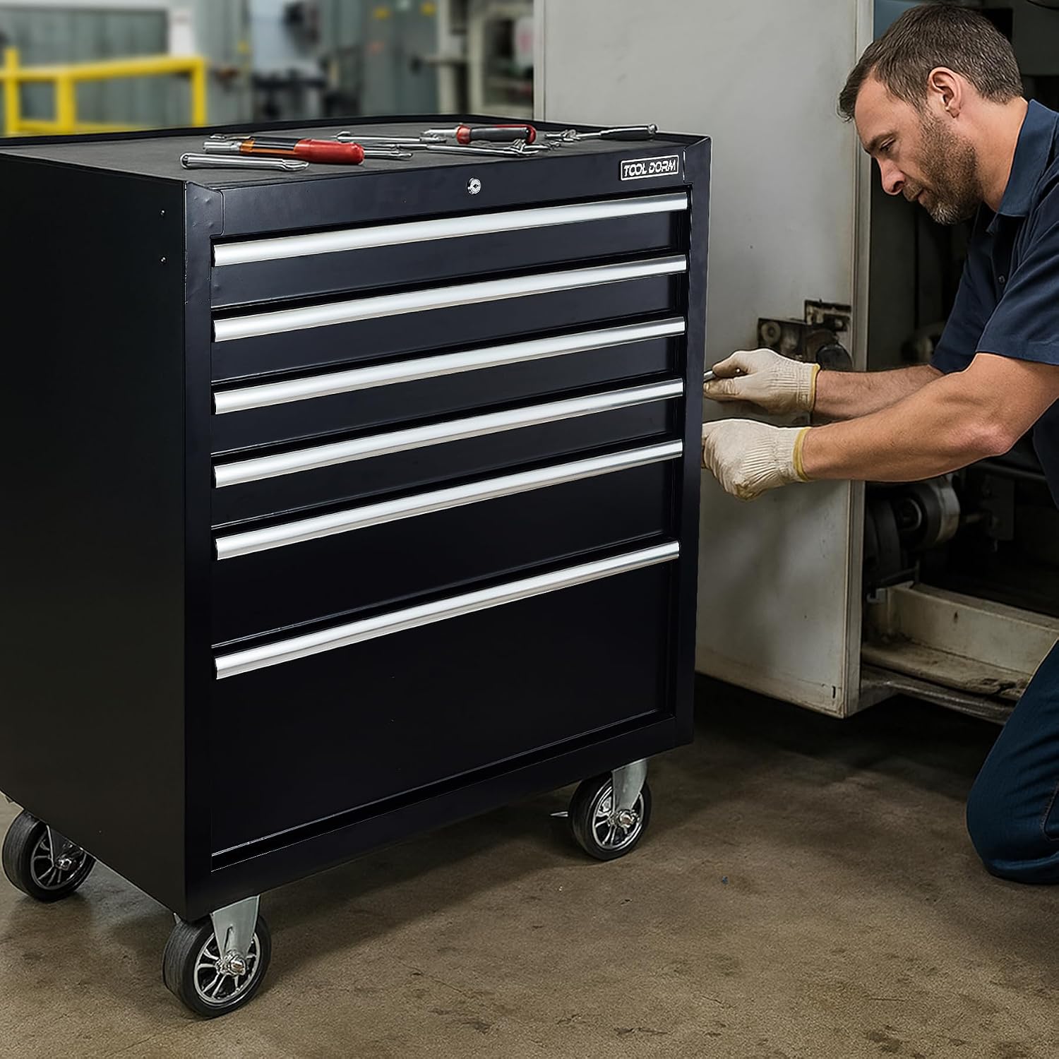 Tool Chest, 6 Drawers Rolling Tool Cabinet, Lockable Wheels, Ball Bearing Sliders, Black Powder Coating, Metal Tool Storage Cart, Suitable for Garage, Warehouse, Workshop