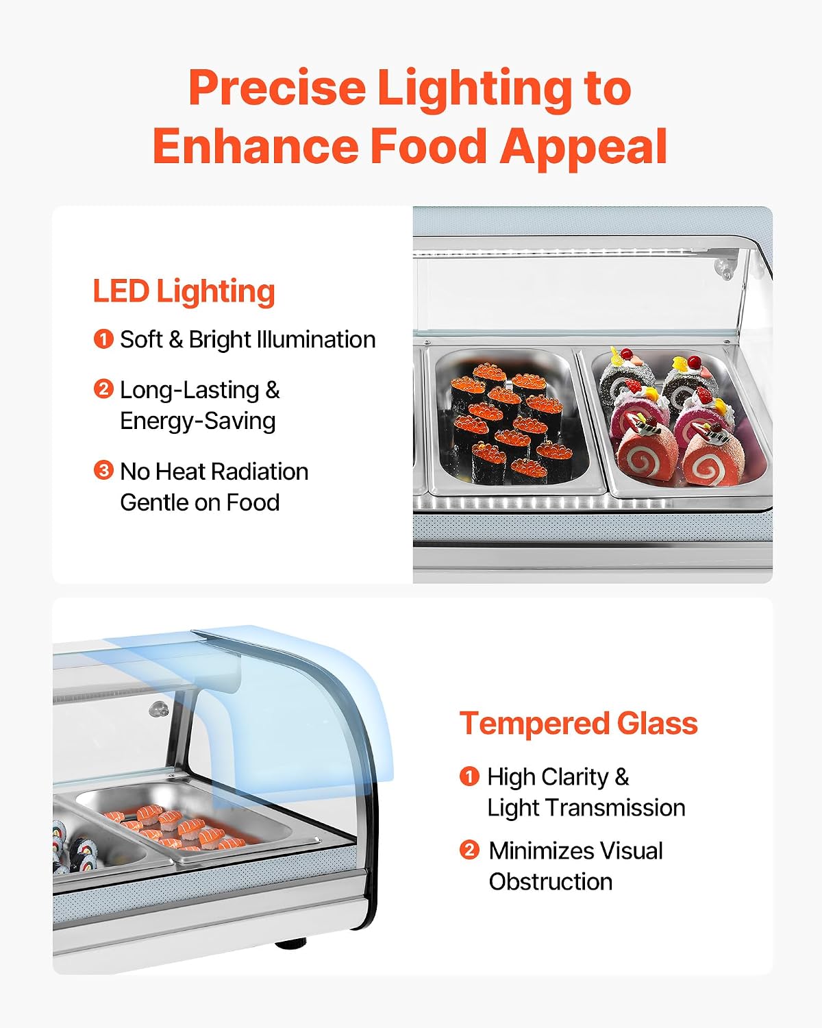 VEVOR Sushi Display Case Refrigerator, 2.5 Cu.ft Commercial Sushi Case, 7-Pan Countertop Showcase with Curved Glass, LED Lighting, and Digital Temperature Control, for Sushi-Bar, Restaurant, Store