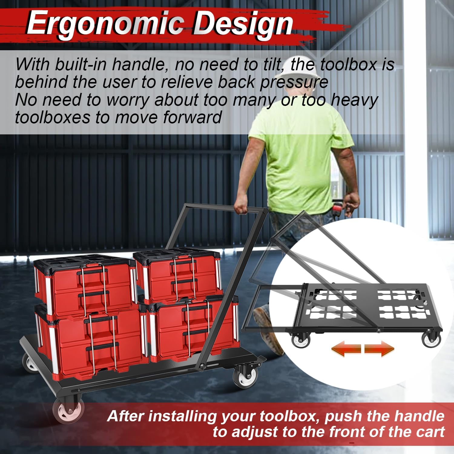 Upgraded Heavy Duty Toolbox Dolly with Handle, Compatible with Mil.Waukee Packout Toolbox, Double Storage, Thickened Carbon Steel Frame, Enlarged Wheels with Brake, No Drilling Required, Up to 400lbs