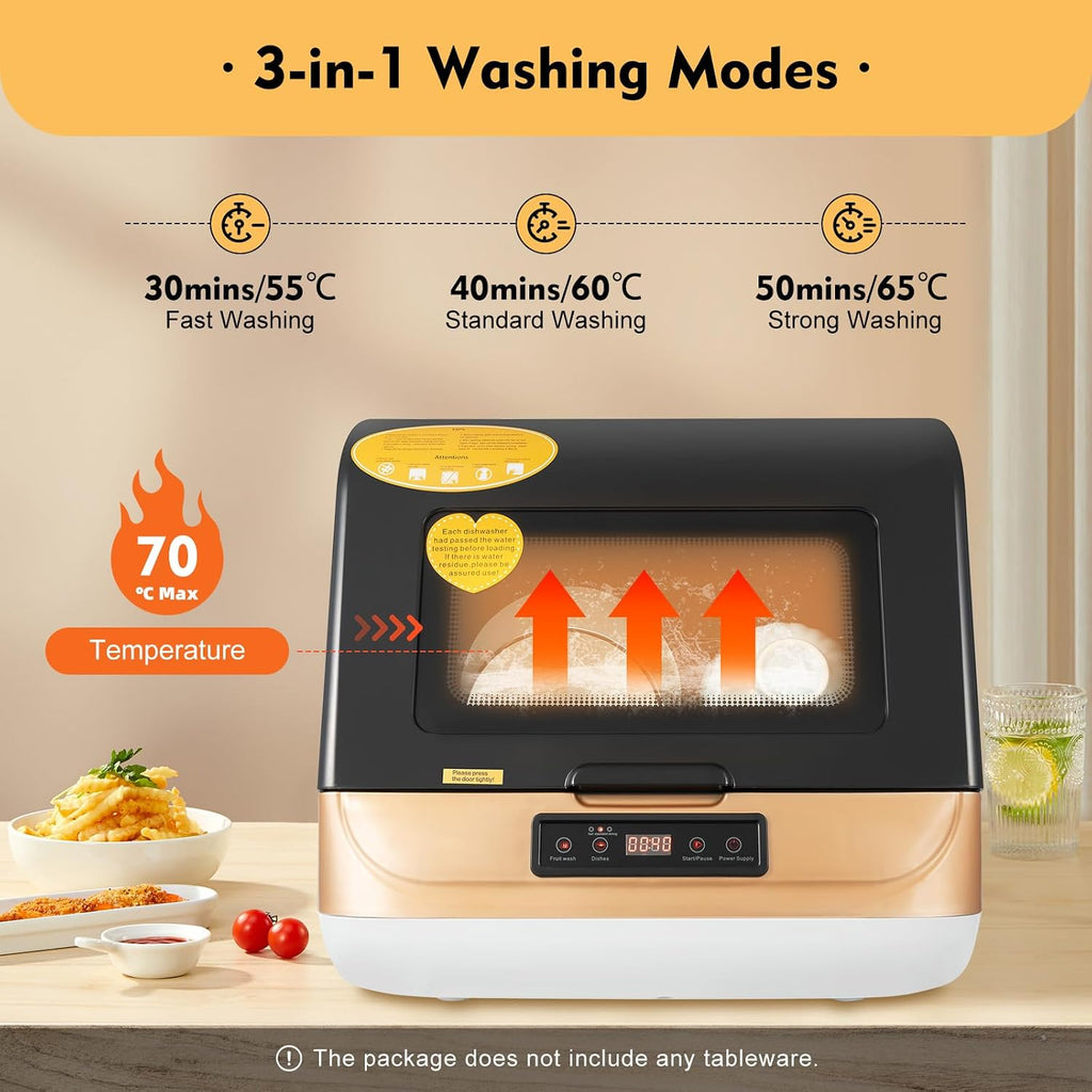 800W Portable Countertop Dishwasher,3 Washing Modes, 158℉ High-Temp, No Installation Needed, Compact Mini Dish Washing Machine with 8L Water Tank for 4-6 Sets Tableware (Type A - Gold)