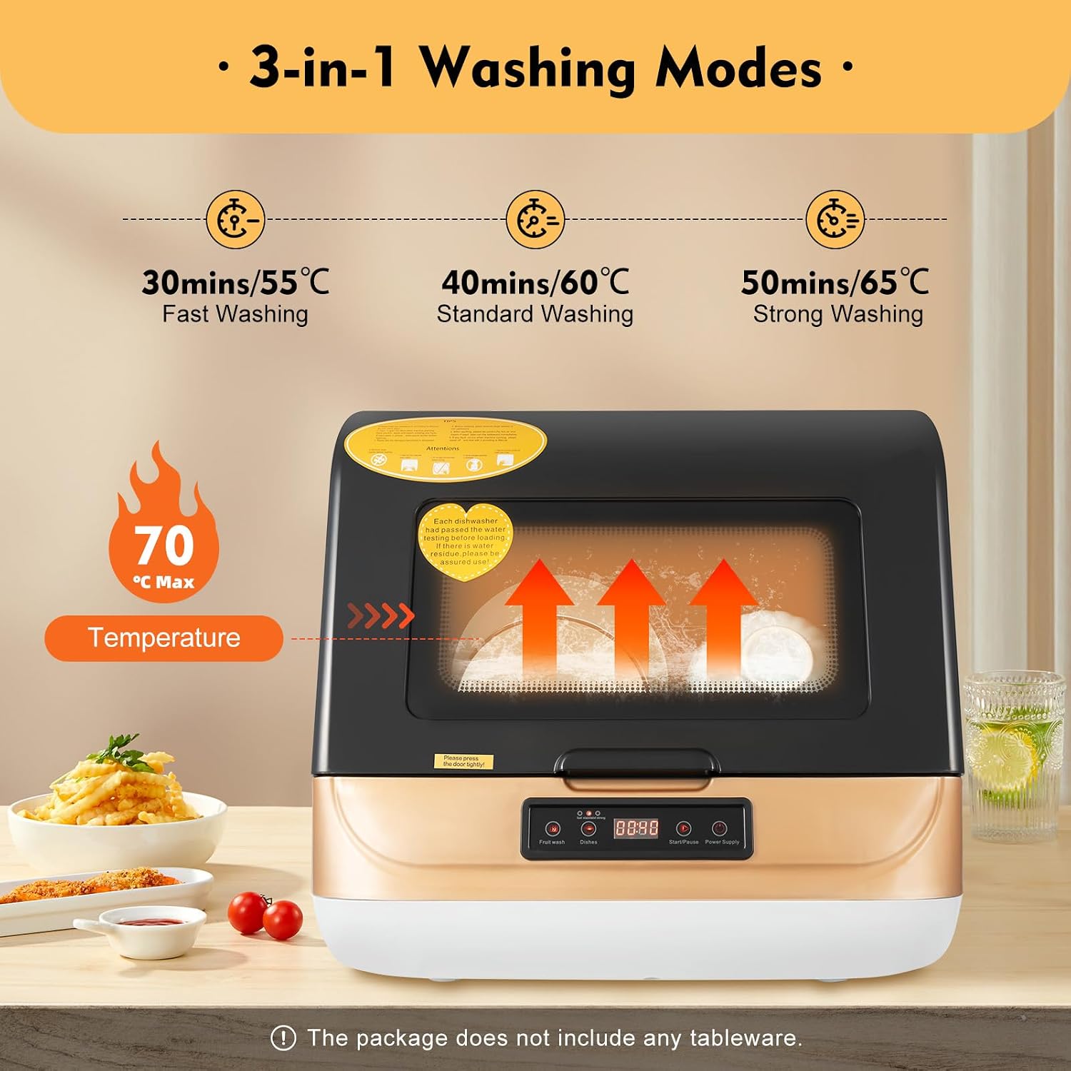 800W Portable Countertop Dishwasher,3 Washing Modes, 158℉ High-Temp, No Installation Needed, Compact Mini Dish Washing Machine with 8L Water Tank for 4-6 Sets Tableware (Type A - Gold)