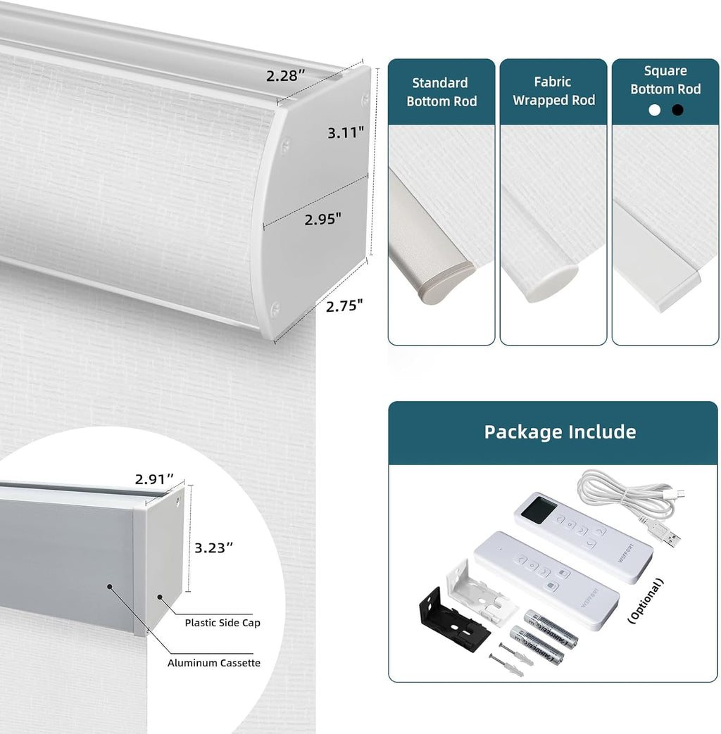 Motorized Roller Shade, 100% Blackout Smart Window Blinds Work with Homekit, Alexa, Google Home, Remote Control, Electric Blinds with USB/Solar Pannel Charging, Texture White