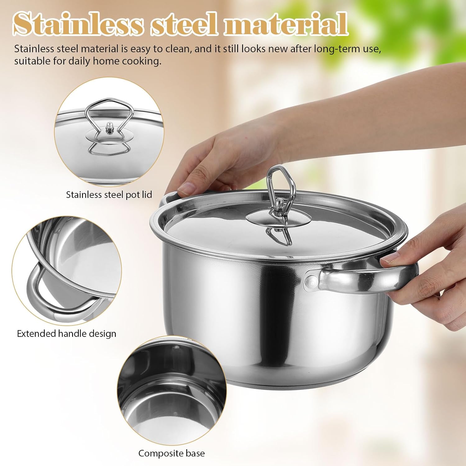 15pcs Stainless Steel Cookware Set with Lids and Cooking Utensils, Induction Compatible Kitchen Pots and Pans Set with Composite Bottom for Gas, Electric, and Induction Stoves