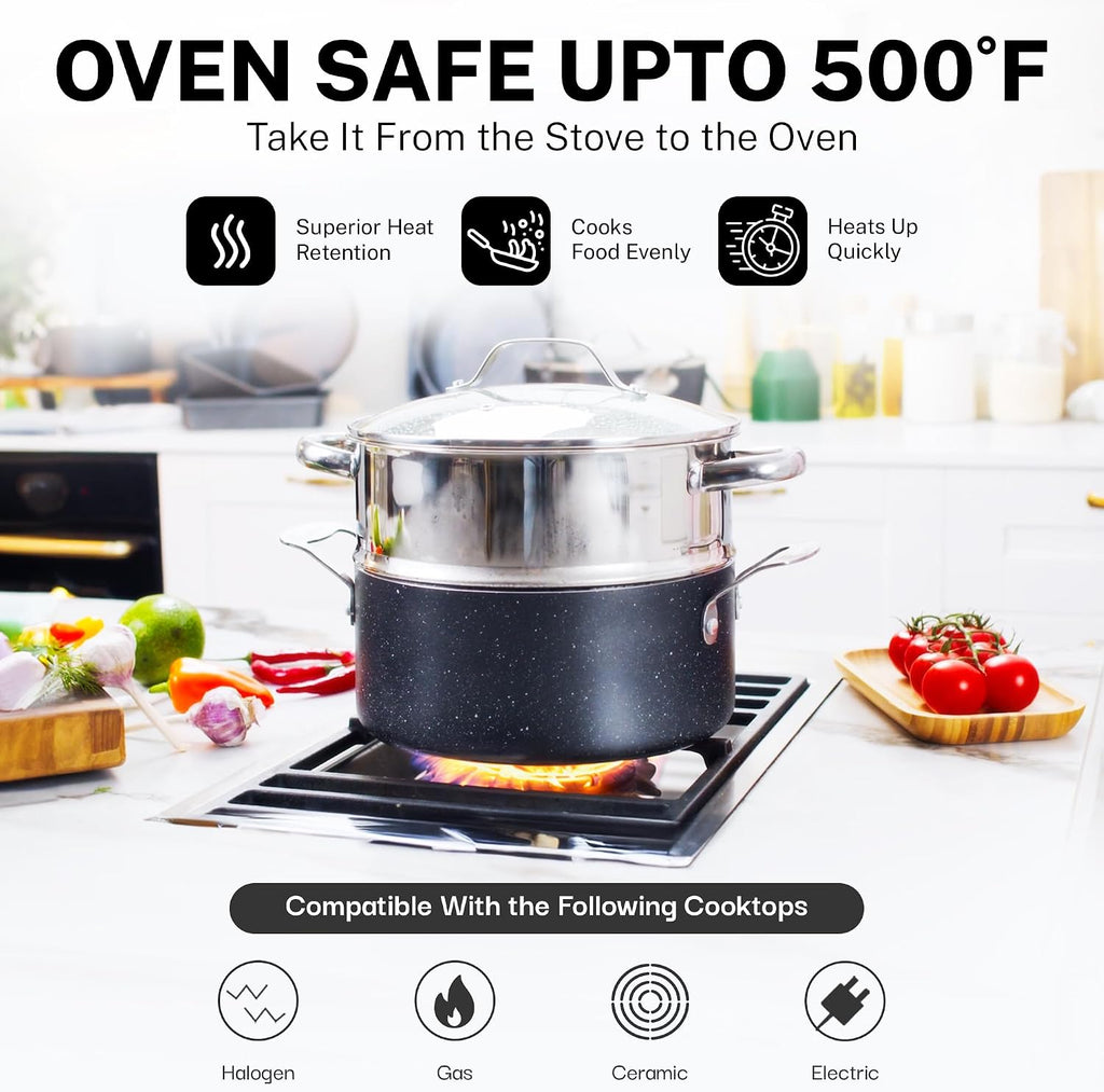 20 Pc Pots and Pans Set Non Stick - Granitestone Cookware Set with Frying Pan, Bakeware & Steamer, Diamond Infused, Aluminum, Non Toxic PFOA PFOS Free, Metal Utensil Safe, Oven Safe to 500°F, Black