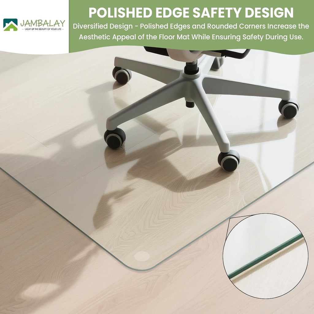 JAMBALAY 55″×46″ Tempered Glass Chair Mat, Heavy Duty Glass Office Floor Mat for Carpets and Wooden Floor, with 12 Anti-Slip Pads, Polished Edges and Round Corners, Easy Roll On, Thick 0.2″