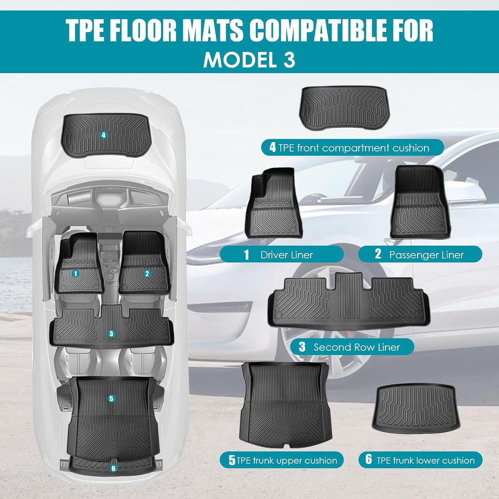 All Weather Floor Mats for 2024 Tesla Model 3 Highland Cargo Liners TPE Rubber 3D Car Mat Full Cover Front Rear Cargo Mat Accessories Full Set Odorless Anti-Slip 6PCS, Black