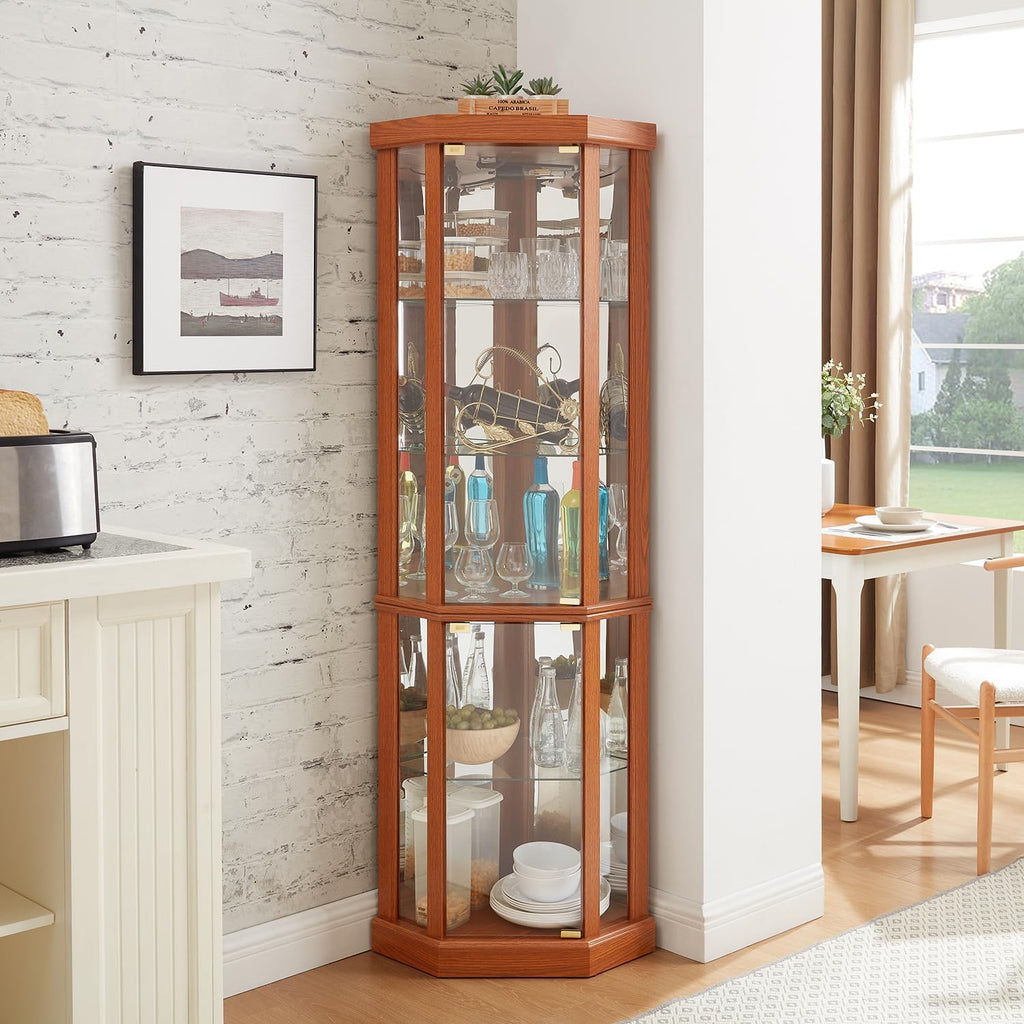 69' H Lighted Corner Display Cabinet, 5-Tier Wooden Curio Glass Cabinet with Adjustable Shelves & Glass Door, Corner Storage Display Case with Mirrored Back Pane for Living Room (Dark Oak)