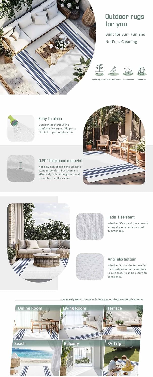Outdoor Rug 4x6ft Farm Blue Stripes Line Patio Area Rugs Waterproof Easy Cleaning Non Shedding Thick Mats White Carpet for Indoor Outdoor Porch Deck Backyard Balcony