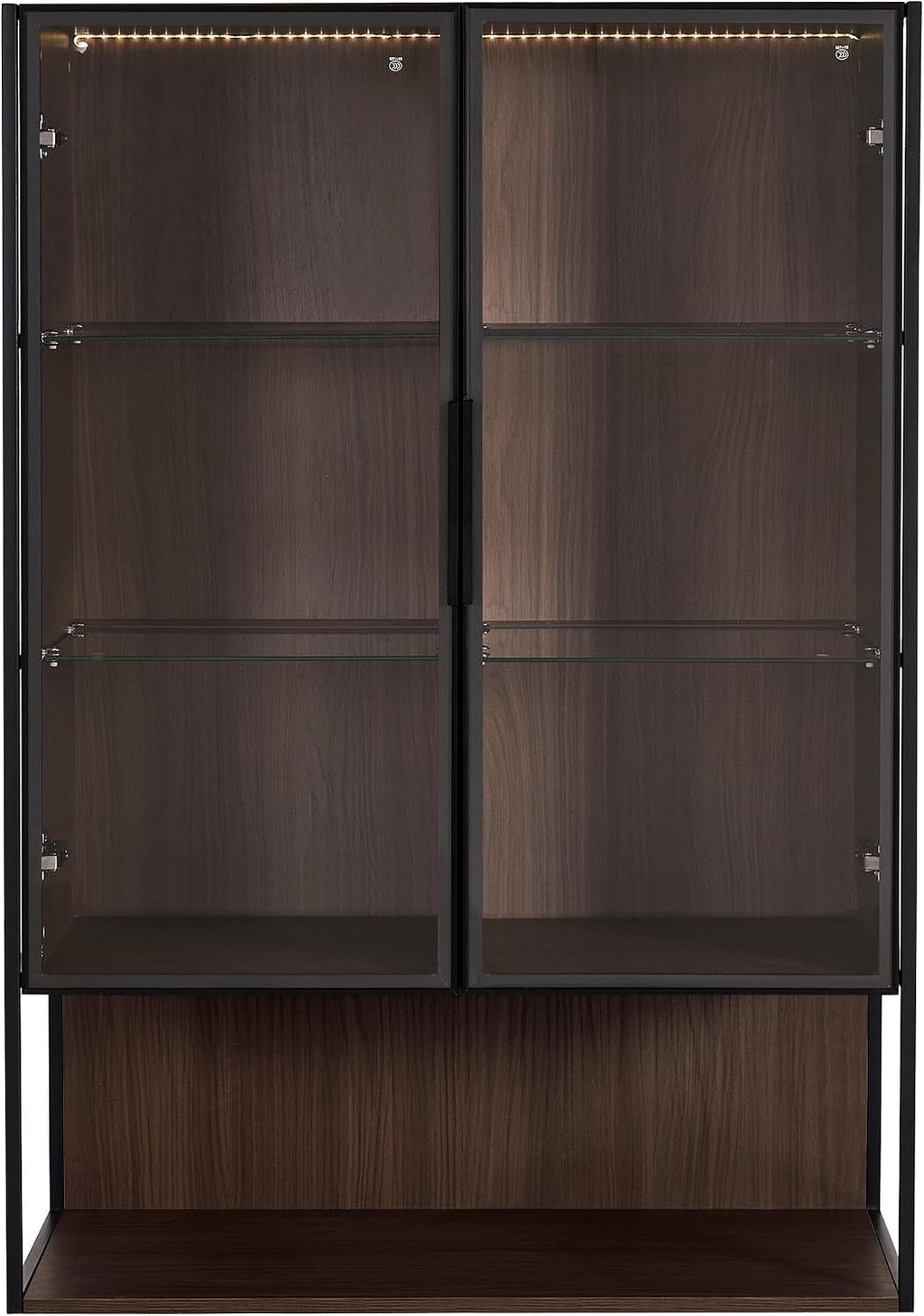 Glass Display Cabinet,51.2'' Tall Lighted with Tempered Glass Door, Metal Frame LED Curio Cabinet, Modern Minimalist Style, for Living Room, Office, Study, Black + Dark Walnut