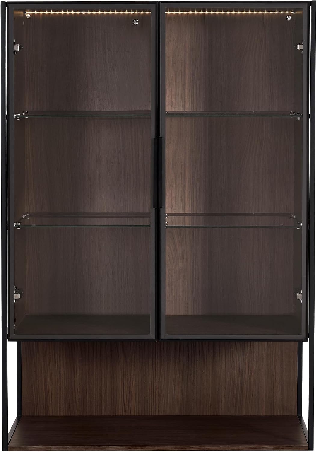 Glass Display Cabinet,51.2'' Tall Lighted with Tempered Glass Door, Metal Frame LED Curio Cabinet, Modern Minimalist Style, for Living Room, Office, Study, Black + Dark Walnut