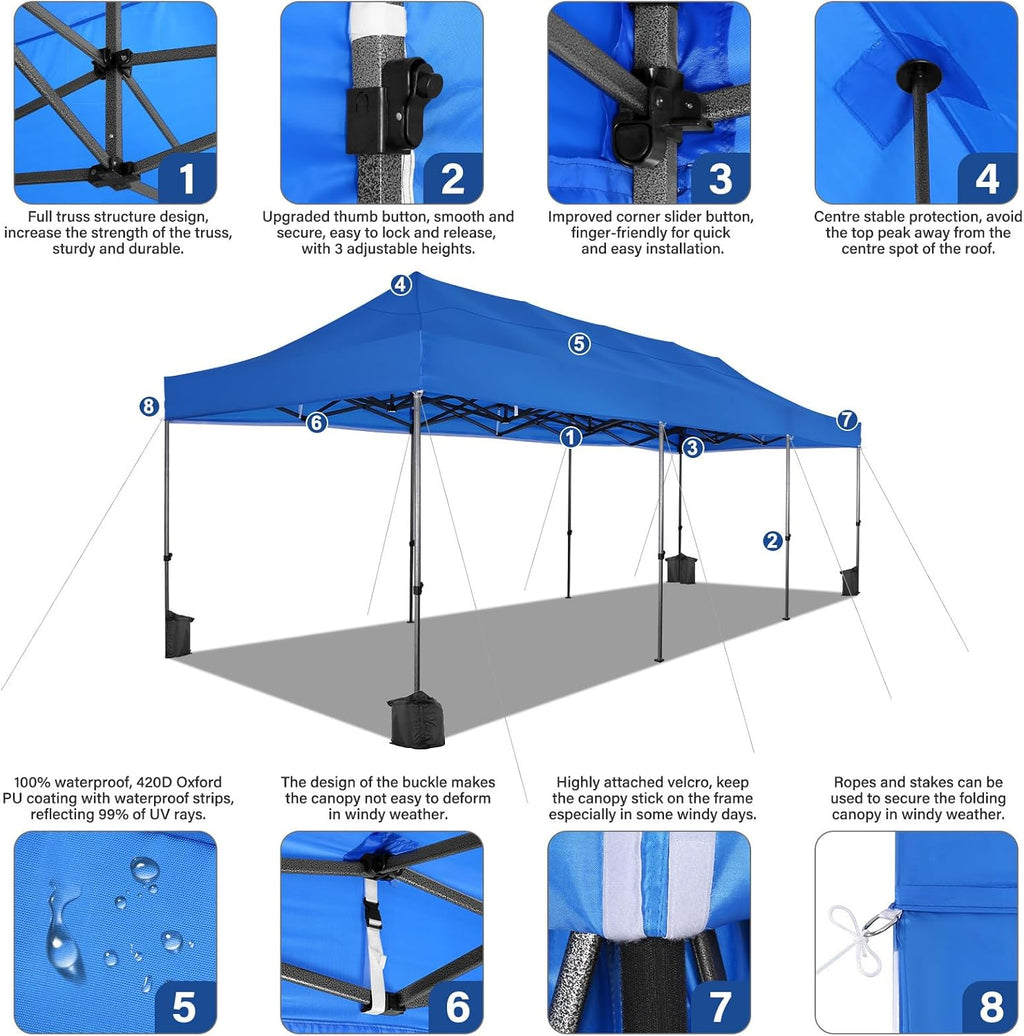 COBIZI 10x30 Pop up Canopy Tent Heavy Duty with 8 Sidewalls, Easy Set-up Commercial Outdoor Party Tent, 100% Waterproof Wedding Gazebo, 3 Height Adjustable with Wheeled Bag, Blue