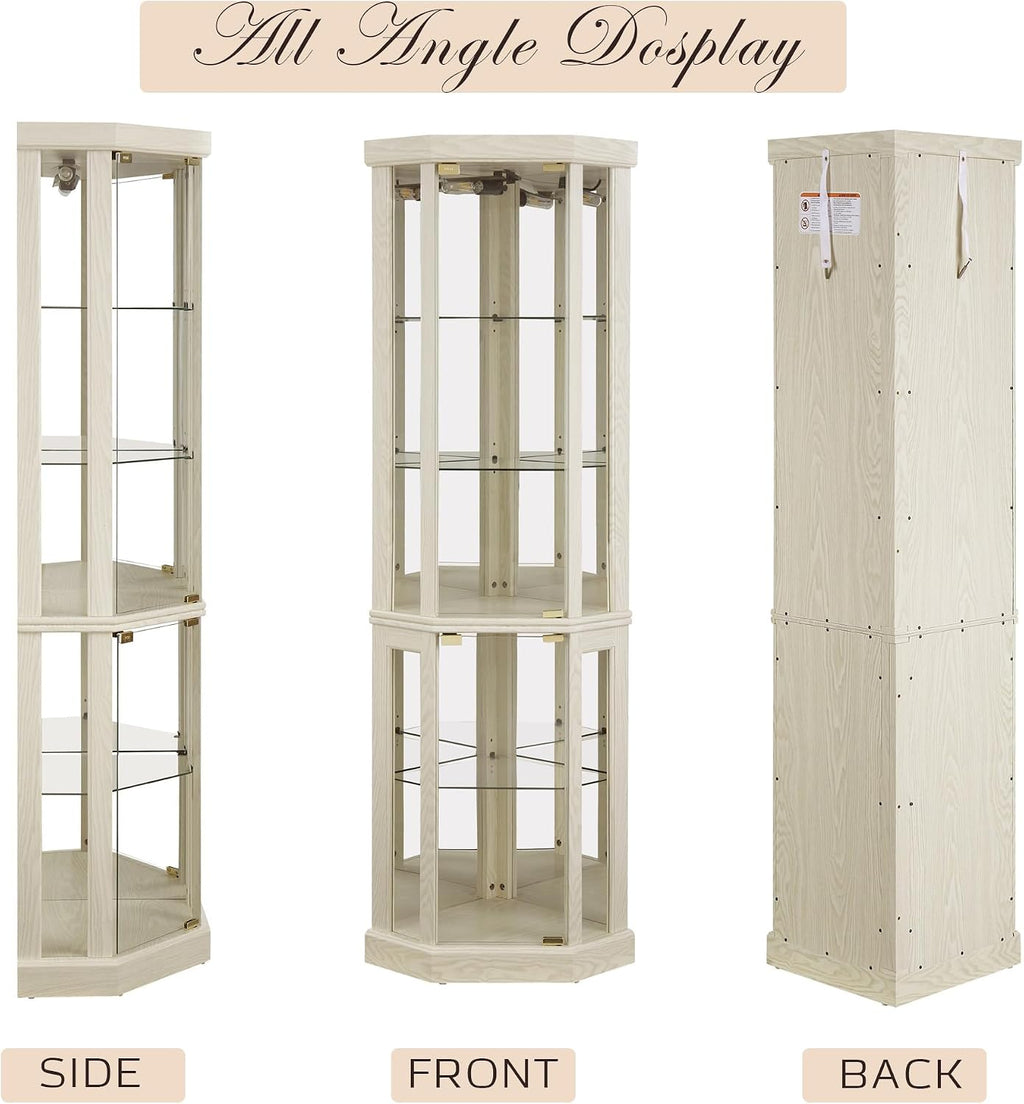 Corner Curio Cabinet, 70' H Lighted Glass Display Cage with Tempered Glass Doors and 5 Adjustable Shelves, Light Bulb Inclued, Wine Bar China Cabinet for Living Room (White)