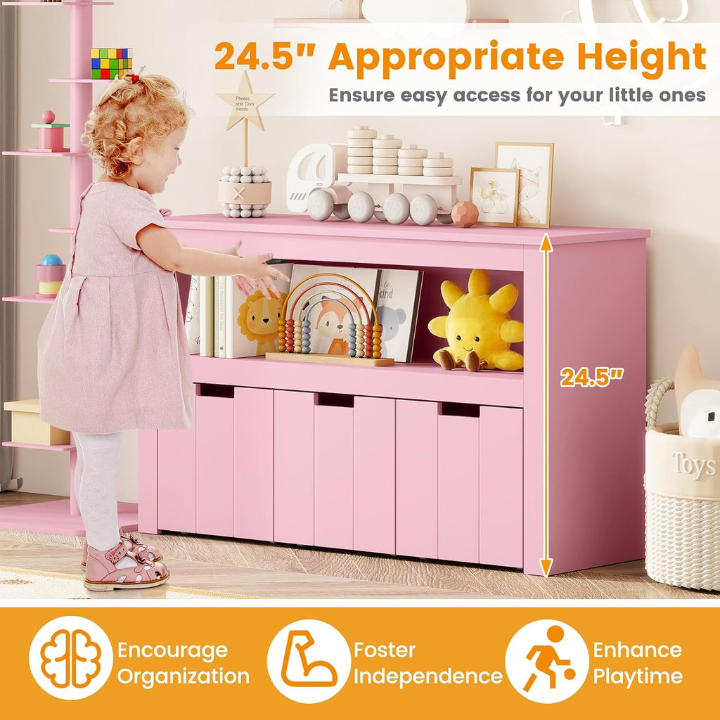 HONEY JOY Kids Toy Storage Organizer, Children Daycare Shelf, 3 Wooden Toy Box w/Wheels, Toddler Classroom Display Cabinet for Playroom, Nursery, Kindergarten (Pink)