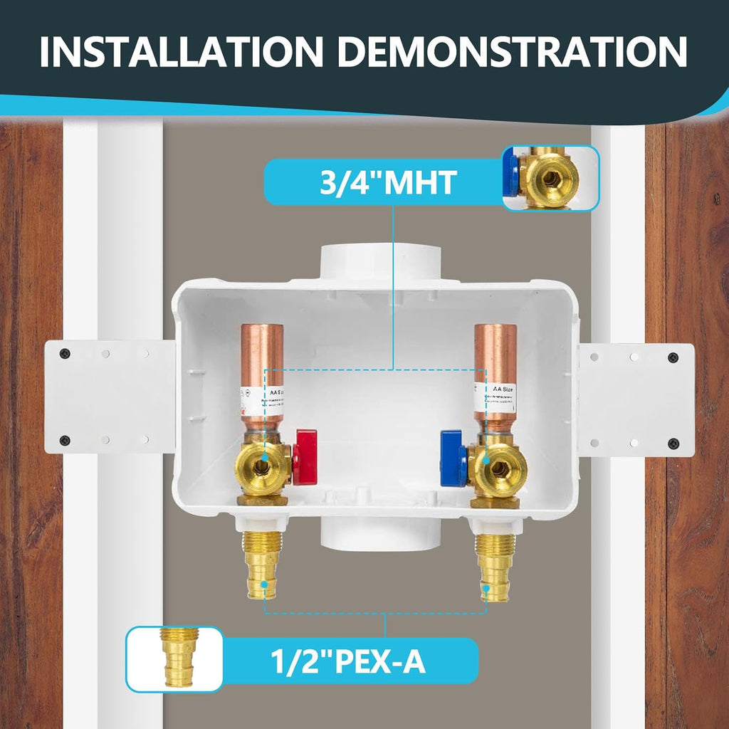 Washing Machine Outlet Box, Center Drain, 1/2 Inch Pex-A Inlet x 3/4 Inch MHT Outlet Connection, with Copper Water Hammer Arrestor (Pack of 5)