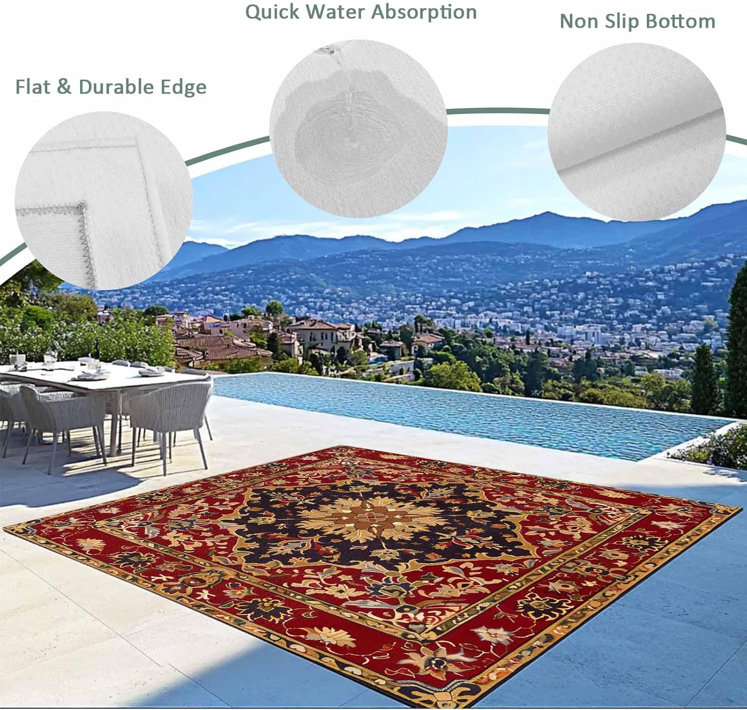 Outdoor Rug 4x6ft Floral Leaves Frames Vintage Mid Century Afghan Black Wheat Red Patio Area Rugs Waterproof Easy Cleaning Non Shedding Thick Mats Carpet for Indoor Outdoor Porch Deck Balcony
