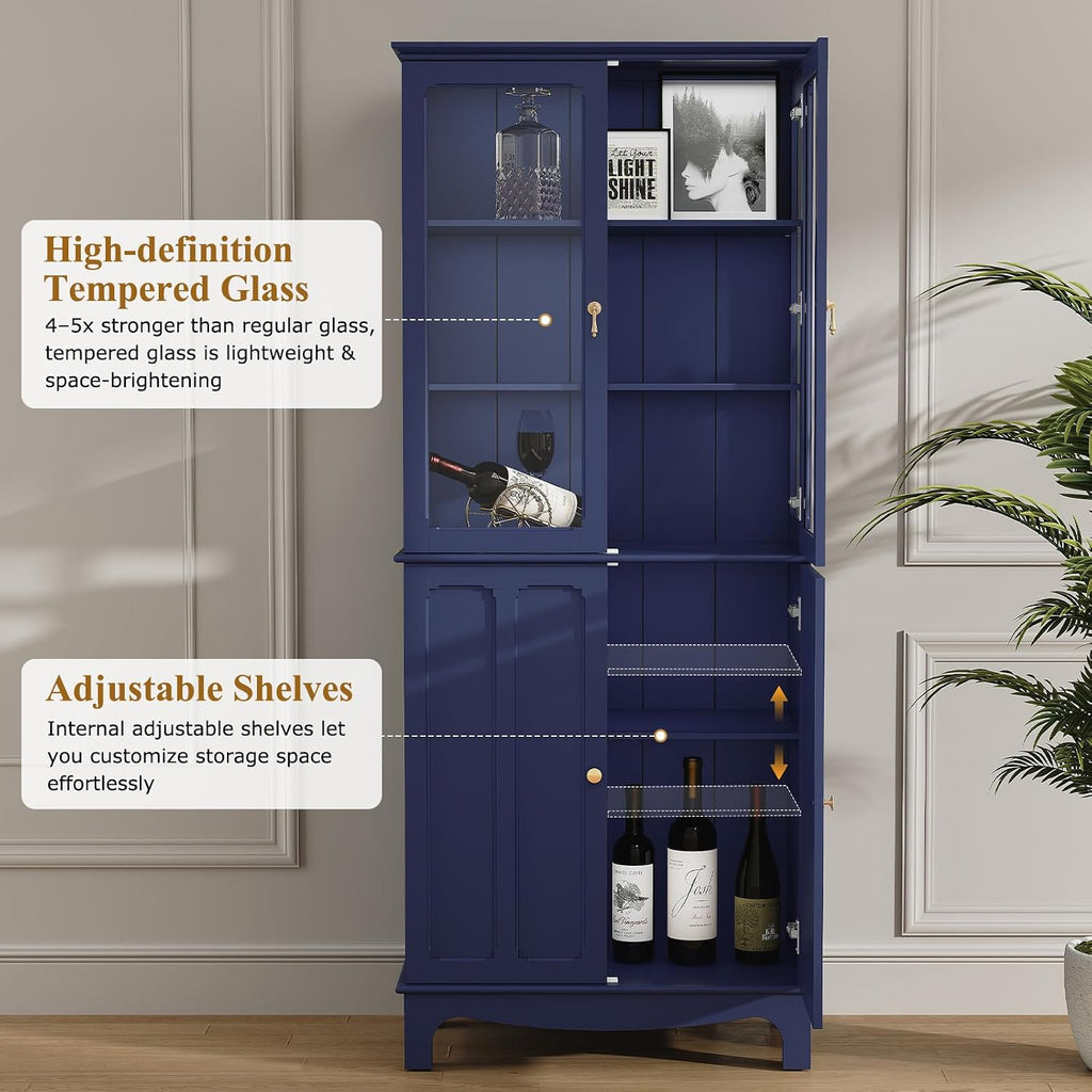 ARTPOWER 72' Freestanding Kitchen Pantry Storage Sideboard, Classical Tall Cabinet with Glass Door and Adjustable Shelves for Kitchen, Livingroom and Dining Room, Navy Blue