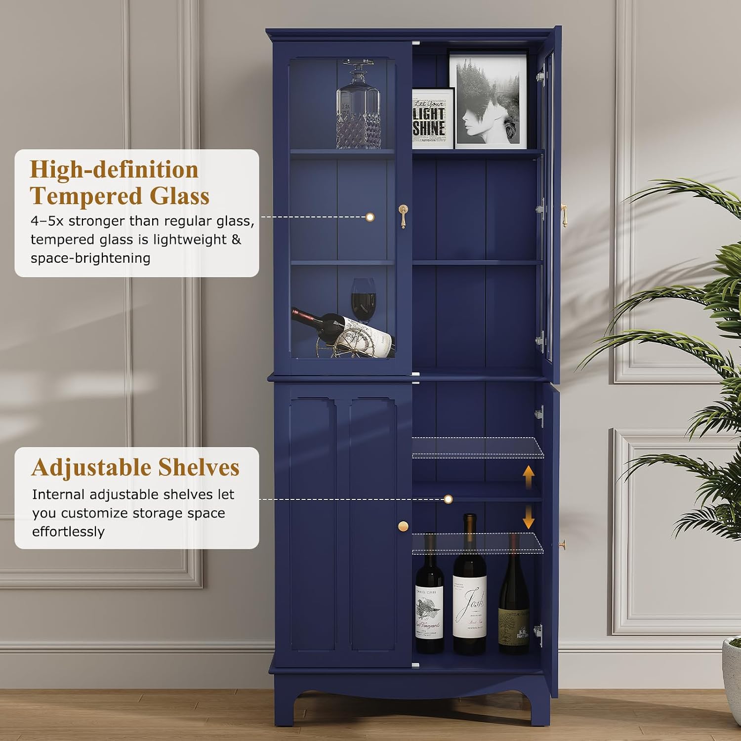 ARTPOWER 72' Freestanding Kitchen Pantry Storage Sideboard, Classical Tall Cabinet with Glass Door and Adjustable Shelves for Kitchen, Livingroom and Dining Room, Navy Blue