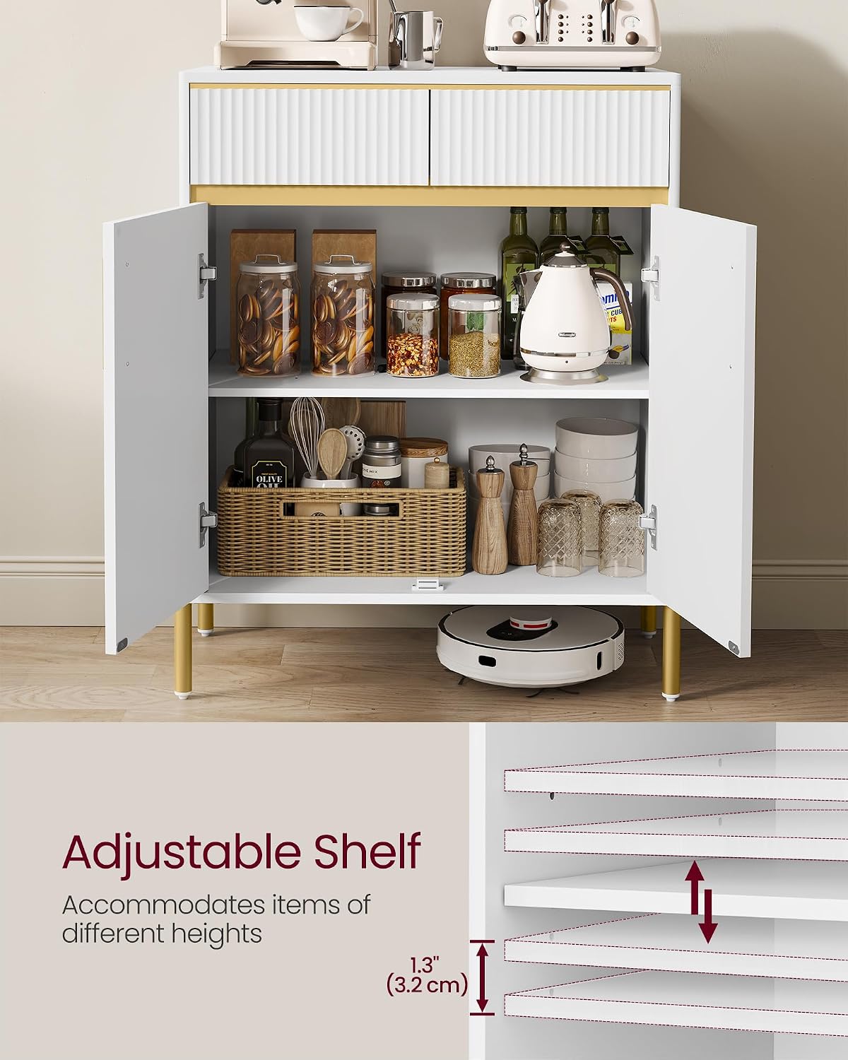 VASAGLE Buffet Cabinet with Storage, Sideboard Storage with Drawers, Doors, Adjustable Shelf, Fluted Drawer Front, Accent Cabinet, for Living Room, Modern, Cloud White UBBC651W01