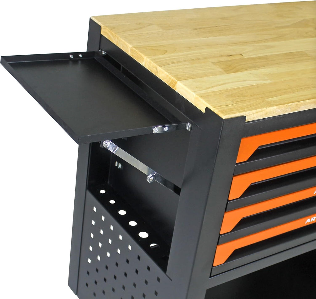 Campfun 4 Drawers Tool Box with Wheels Rolling Tool Cart with Drawers, Workbench Tool Box, Wooden Top Tool Boxes, Metal Multifunction Tool Cart for Garage, Warehouse, Repair Shop, Orange