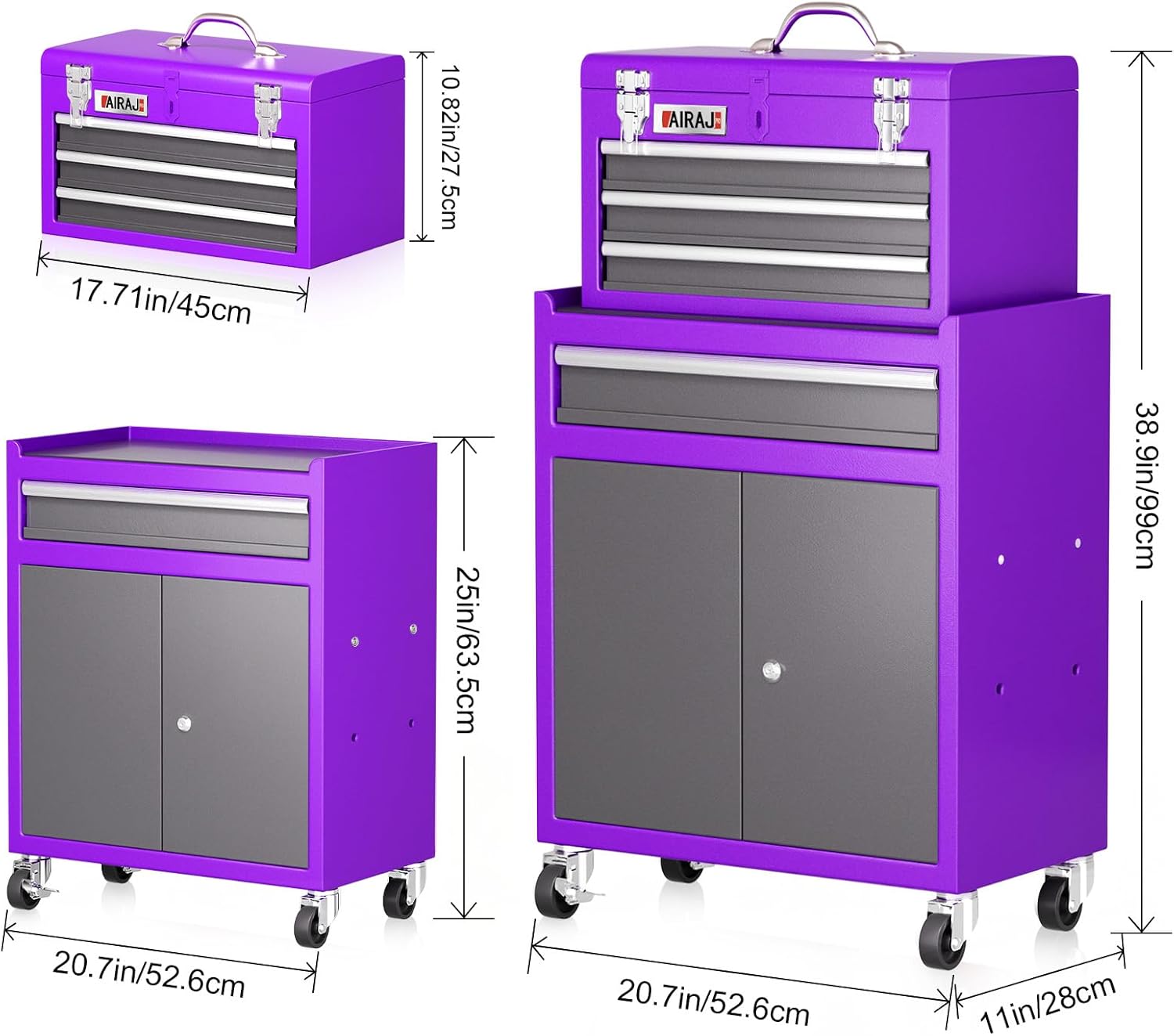 AIRAJ Rolling Tool Chest,4 Drawers Tool Chest with 4 Swivel Casters,Large-Capacity Detachable Tool Cabinet with Lock and Double Doors,Suitable for Work Shops,Warehouse and Garage,Purple