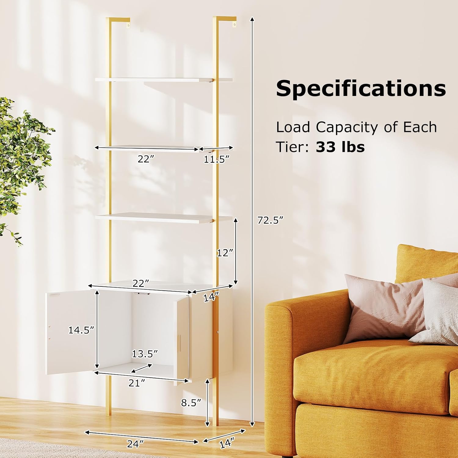 Giantex 5-Tier Wall-Mounted Ladder Shelves Set of 2, 72.5' Tall Bookshelf w/ 2-Door Cabinet, Modern Style Kitchen Open Shelving Organizer, Heavy-Duty Metal Frame Display Rack for Living Room