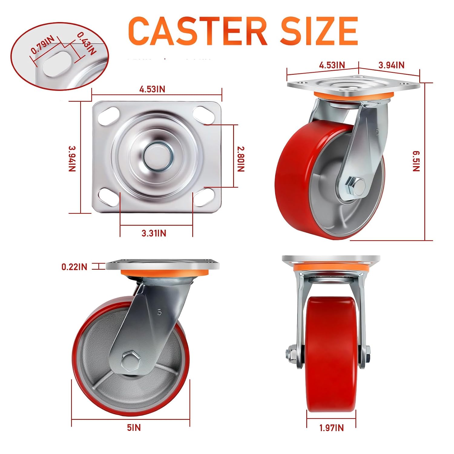 5 Inch Heavy Duty Caster Wheels Set of 4,Load 4000Lbs,Polyurethane Silent Steel Wheels,Industrial Plate Caster for Automotive Molds,Large Shelving,U-Boat Cart(2 Swivel & 2 Rigid)