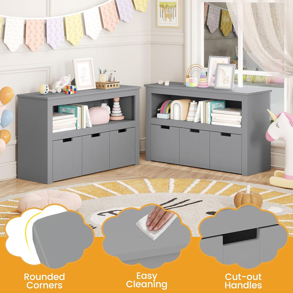 HONEY JOY Kids Toy Storage Organizer, Children Daycare Shelf, 3 Wooden Toy Box w/Wheels, Toddler Classroom Display Cabinet for Playroom, Nursery, Kindergarten (Gray)