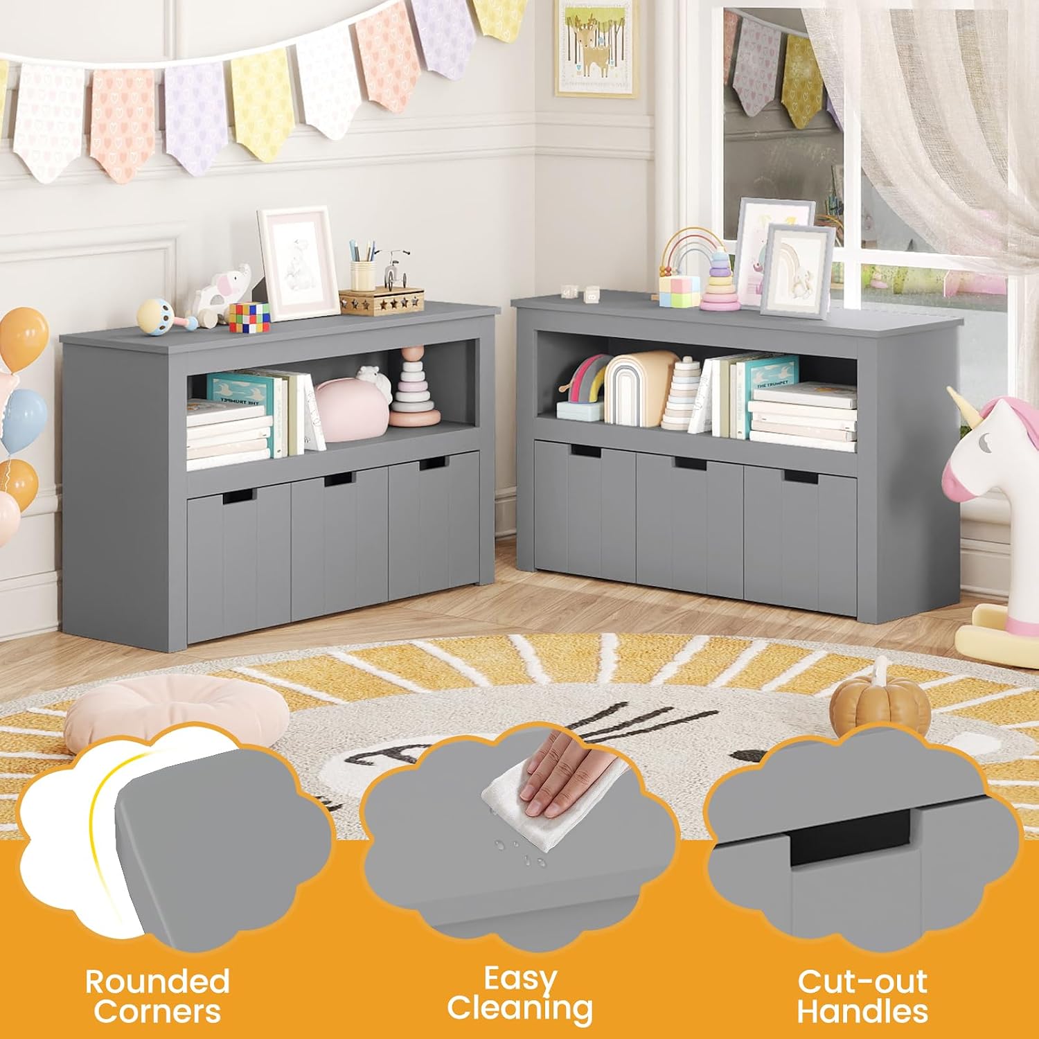 HONEY JOY Kids Toy Storage Organizer, Children Daycare Shelf, 3 Wooden Toy Box w/Wheels, Toddler Classroom Display Cabinet for Playroom, Nursery, Kindergarten (Gray)