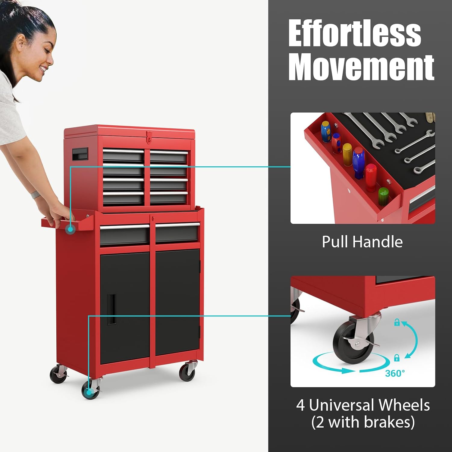 Rolling Tool Chest, 5-Drawer Tool Storage Cabinet with Wheels, Adjustable Shelf & Anti-Slip Liner, Tool Box Organizer for Garage, Warehouse & Workshop (Red+Black)