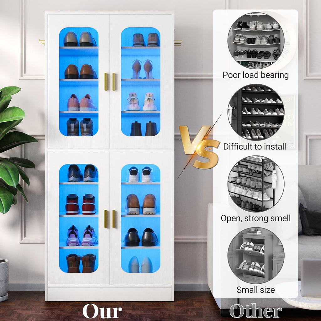 Cyclysio 67' Display Cabinet with PC Doors & LED Lighting - 8-Tier Storage Cabinet with 330lb Capacity & Adjustable Shelves for Entryway, Bedroom (White, Set of 2)