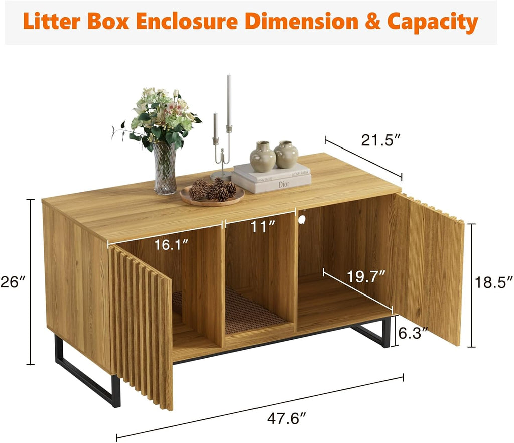 Double Litter Box Enclosure,Modern Cat Litter Box Enclosure for 2 Cats, Hidden Litter Box with Cat Scratch Pad, Cat Washroom Cat House End Table, Entryway Bench for Livingroom (Natural)