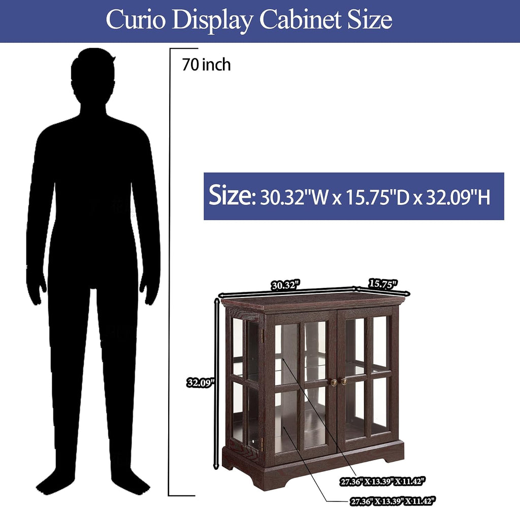 2 Door Curio Display Cabinet with LED Light & Adjustable Shelves, 30' Tableware Display Sideboard w/Mirrored Back Pane, Modern Glass Display Storage Cabinet for Kitchen & Living Room (Cherry)