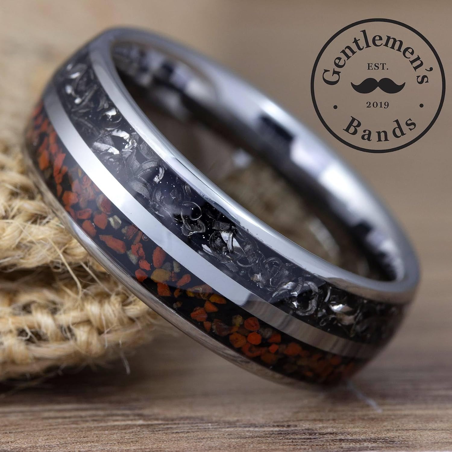 Gentlemen's Bands Premium Silver Tungsten Wedding Band with Dinosaur Bone & Meteorite Inlay | Wedding Ring Is Ideal Gift | Package Includes Silicon Band, Walnut Ring Box, Leather Pouch