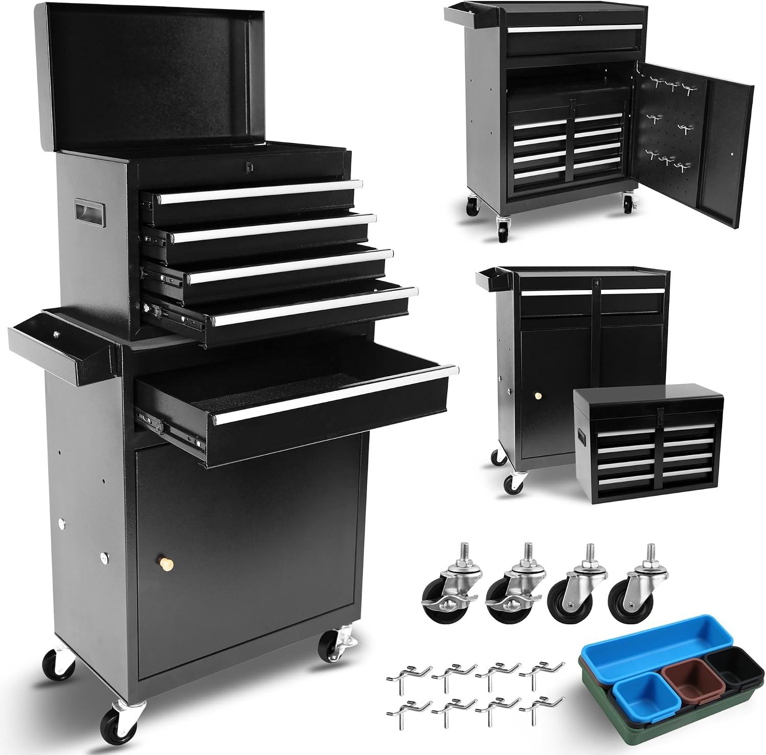 Rolling Garage Workshop Organizer Detachable 5 Drawer Tool Chest with Large Storage Cabinet and Adjustable Shelf, Black