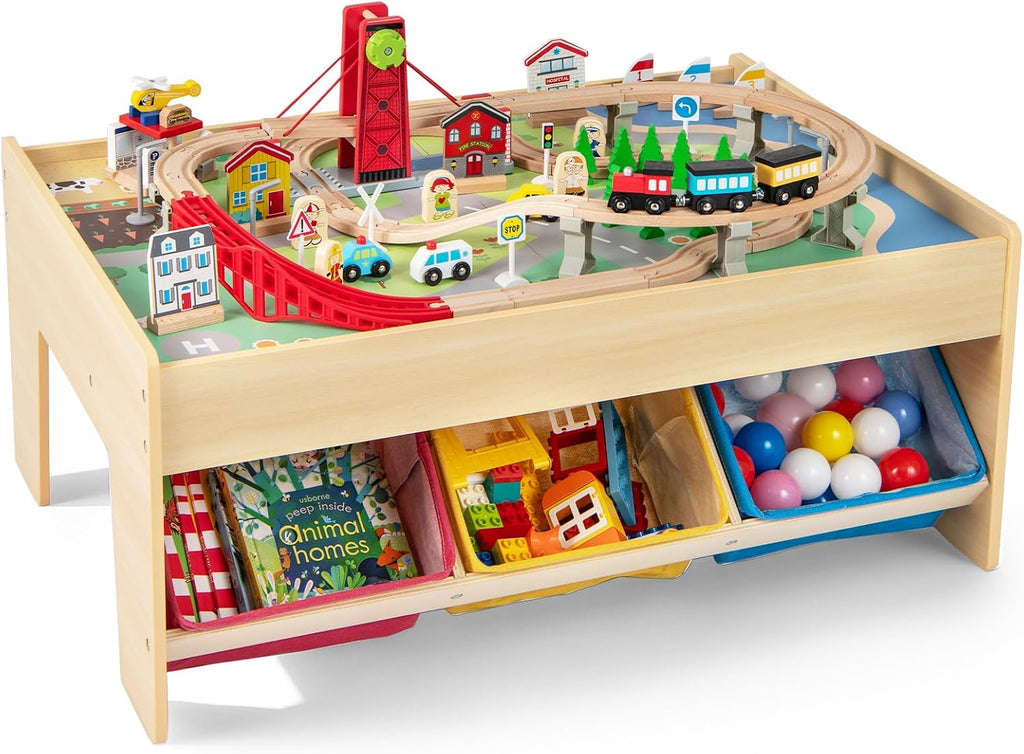 INFANS Train Table with Storage, 94 Pieces Wooden Kids Activity Toy Table Playset with 3 Foldable Boxes Reversible Detachable Tabletop, Tracks, Train, Railway, Gift for Toddler Boys Girls Ages 3+